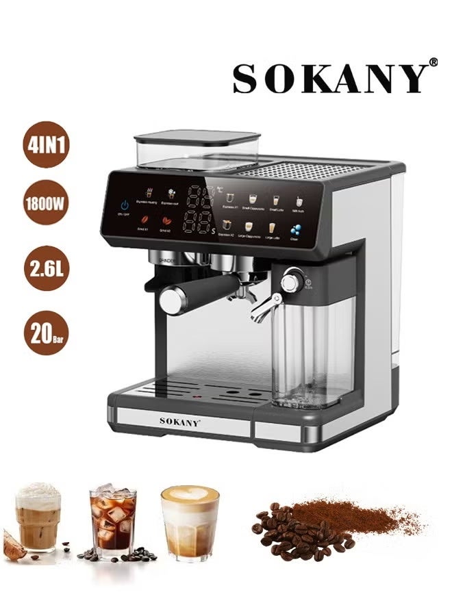 sokany 4 In 1 Automatic Espresso Machine with Grinder,20 Bar 1800W/2.6L Cappuccino/Latte/Espresso/Grind Coffee Machine with Automatic Milk Frother, Self-Cleaner,Touchscreen Coffee Maker for Home and Office,SK-04032 - Image 1