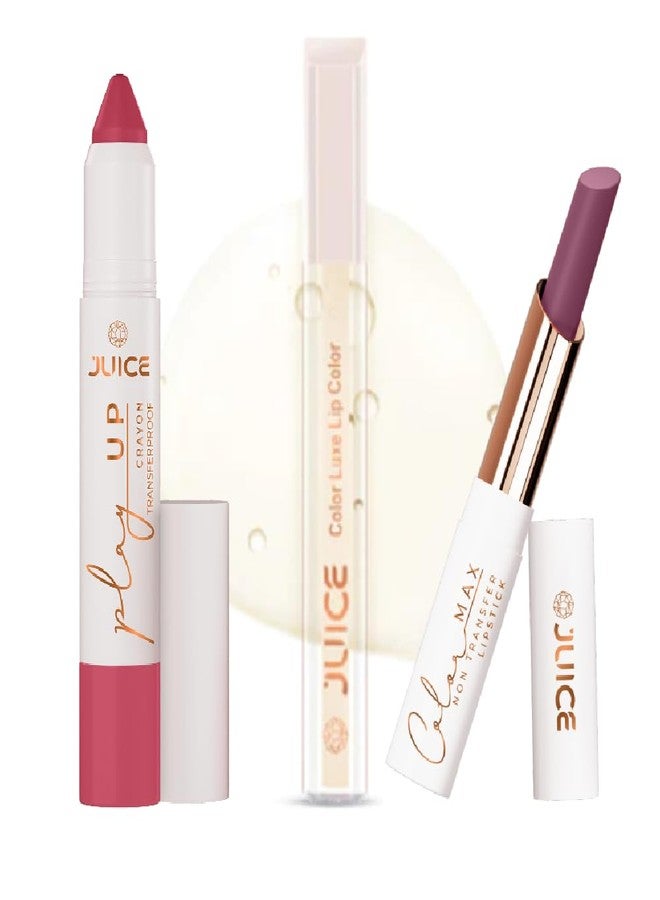 Juice Long Lasting, 3pc Lipstick Combo Set For Women(Coral Charm-MCR06 Lip Crayon, Gloss Kiss-G01 Liquid Lipstick, Fig Frenzy-M17 Slim Stick) - Image 1