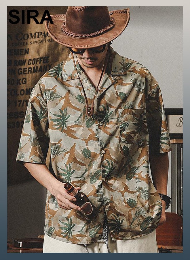 SIRA Men's Cuban Collar Shirt - Khaki Short-Sleeve Breathable Shirt | Retro Vacation Style | Lightweight & Comfortable | Perfect for Travel & Casual Wear - Image 1