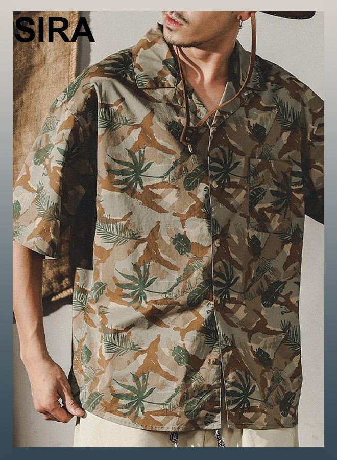 SIRA Men's Cuban Collar Shirt - Khaki Short-Sleeve Breathable Shirt | Retro Vacation Style | Lightweight & Comfortable | Perfect for Travel & Casual Wear - Image 2