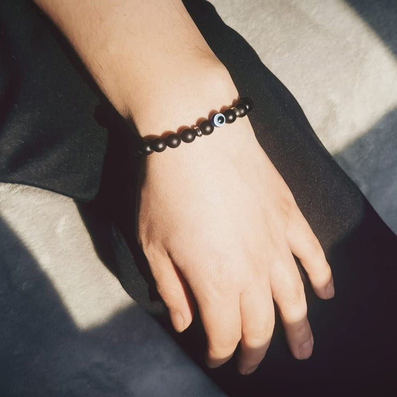 Dhdgzq Blue Evil Eye Bracelets,Mens Bracelet,Evil Eye Lucky Bracelet for Protection Blessing,Black Bead Protection Jewelry Handmade Beach Bracelet for Women Men Spiritual Gift (Black) - Image 3
