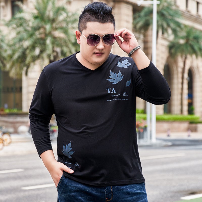 Men'S Plus-Size T-Shirt With Stretch, Loose Fit, Maple Leaf Print, Long-Sleeve T-Shirt, Oversized V-Neck Versatile T-Shirt, Base Layer Shirt - Image 1