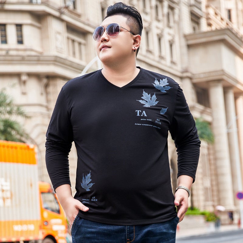 Men'S Plus-Size T-Shirt With Stretch, Loose Fit, Maple Leaf Print, Long-Sleeve T-Shirt, Oversized V-Neck Versatile T-Shirt, Base Layer Shirt - Image 3