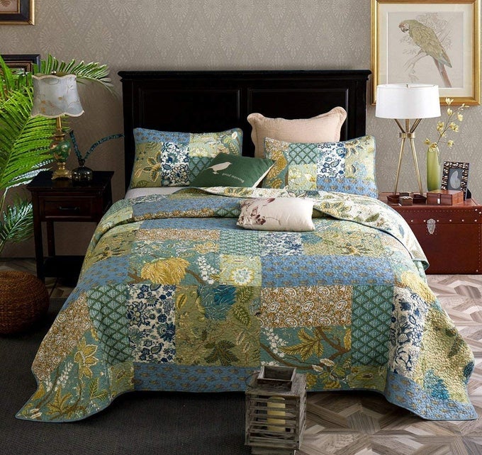 PATCHWORK BEDSPREAD KING SIZE 3PIECES 100 COTTON RETRO CHIC FLORAL PRINTED QUILTED BEDSPREADS COVERLET 240X270 CM WITH 2 PILLOW SHAMS