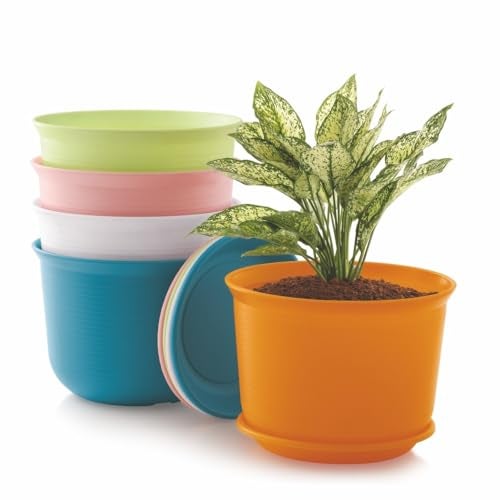 INKULTURE 10 Inch Plastic Round Flower Pots with Tray for Home Planters, Terrace, Garden Etc | Pack of 05 | Multicolor | for Home Indoor & Outdoor Gardening Plants - Image 1