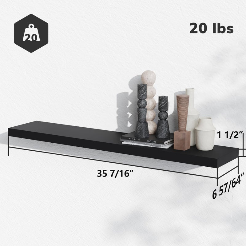 BAMEOS Floating Shelves, 35 Wx7 D Black Wall Mounted Wooden Shelves with Invisible Brackets Set of 2, Hanging Wall Shelves Decoration for Bedroom and Kitchen - Image 2