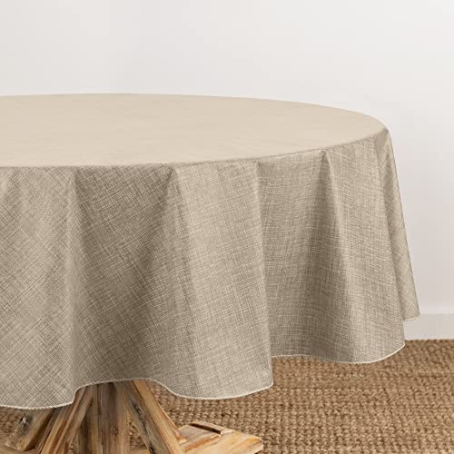 Elrene Home Fashions Monterey Linen Inspired Water and StainResistant Vinyl Tablecloth with Flannel Backing 70 inches X 70 inches Round Taupe - Image 1