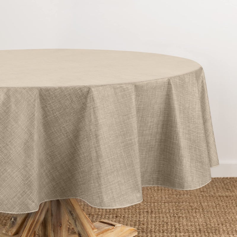 Elrene Home Fashions Monterey Linen Inspired Water and StainResistant Vinyl Tablecloth with Flannel Backing 70 inches X 70 inches Round Taupe - Image 2