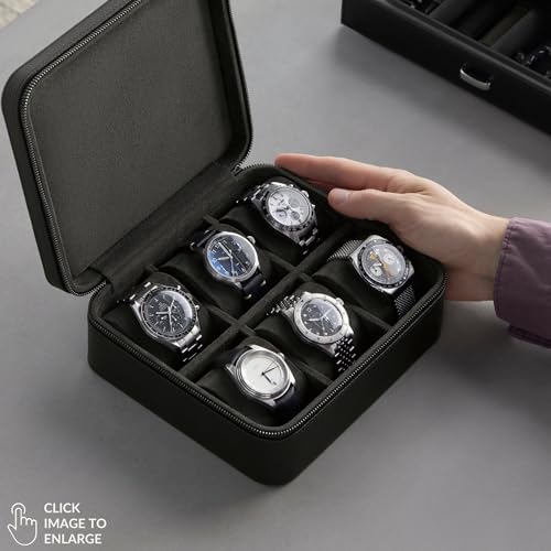 TAWBURY Watch Case - 6 Slot Genuine Top-Grain Leather Watch Box for Men & Women with Extra Wide Pillows for Large Watches - Portable Wristwatch Storage for Home & Travel (Black) - Image 2