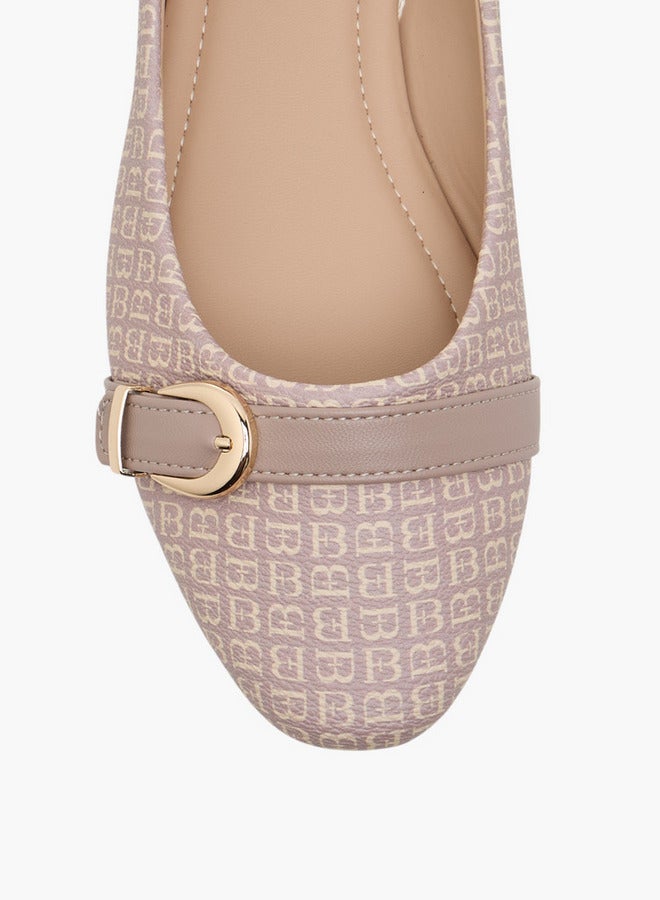 Flora Bella By Shoexpress Women's Monogram Print Ballerina Shoes with Buckle Detail  - Image 4