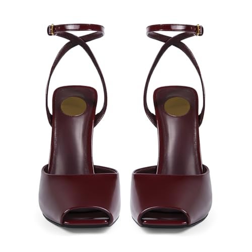 CAGLGLZ Square Open Toe Heeled Sandals for Women Patent Leather Stiletto High Heels Peep Toe Ankle Strap Backless Pumps Fashion Casual Dressy Party Shoes(Burgundy,6.5) - Image 4