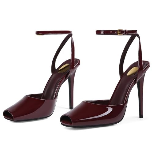 CAGLGLZ Square Open Toe Heeled Sandals for Women Patent Leather Stiletto High Heels Peep Toe Ankle Strap Backless Pumps Fashion Casual Dressy Party Shoes(Burgundy,6.5) - Image 5