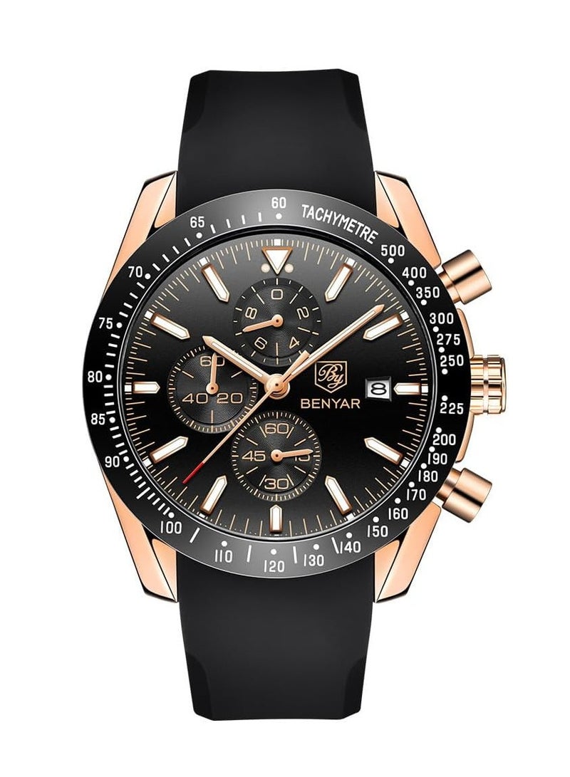 بينيار ساعات رجالي من BENYAR كرونوغراف حركة الكوارتز التناظرية ساعة يد أنيقة رياضية مصممة 30 متر هدية أنيقة مقاومة للماء للرجال 5140 أسود - Image 2