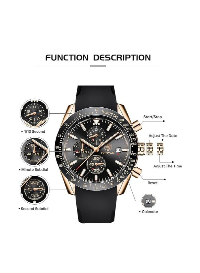 بينيار ساعات رجالي من BENYAR كرونوغراف حركة الكوارتز التناظرية ساعة يد أنيقة رياضية مصممة 30 متر هدية أنيقة مقاومة للماء للرجال 5140 أسود - Image 3