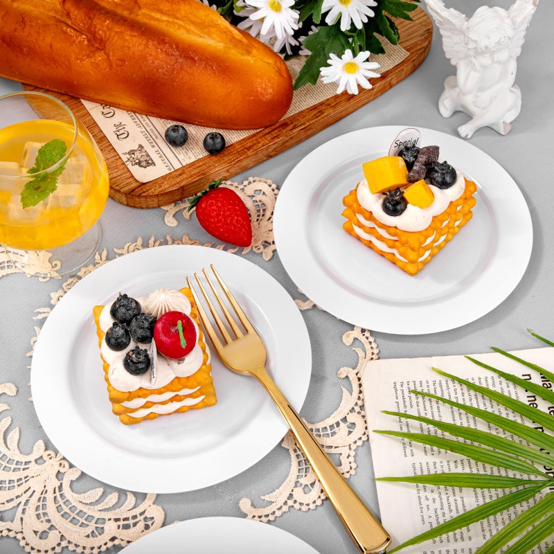 bUCLA 100Pieces White Plastic Plates - 6.25inch Disposable Plastic Appetizer/Small Cake/Salad/Dessert Plates Premium Hard, Ideal for Weddings& Parties - Image 4