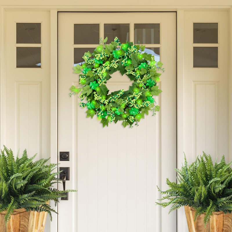 Sggvecsy 18â€™ St. Patrick's Day Shamrocks Wreath for Front Door with Lights Artificial Lucky Clover Wreath with Greenery Ivy Leaves Berries for Irish St. Patrick's Day Decoration Wall Home Decor - Image 3