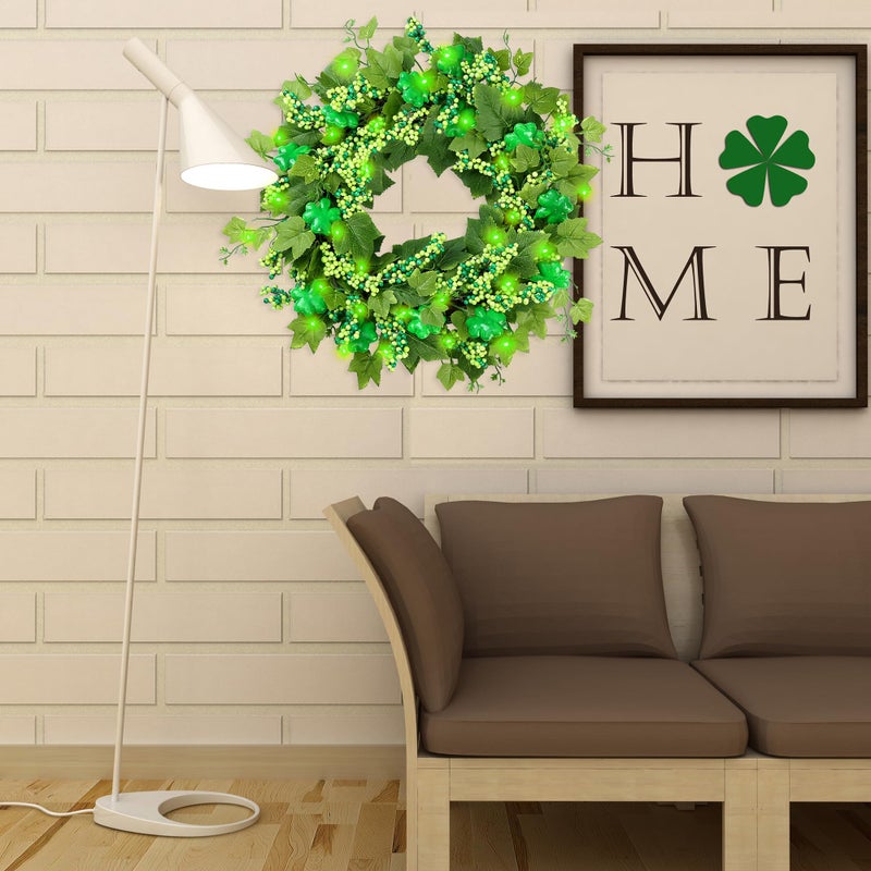 Sggvecsy 18â€™ St. Patrick's Day Shamrocks Wreath for Front Door with Lights Artificial Lucky Clover Wreath with Greenery Ivy Leaves Berries for Irish St. Patrick's Day Decoration Wall Home Decor - Image 5