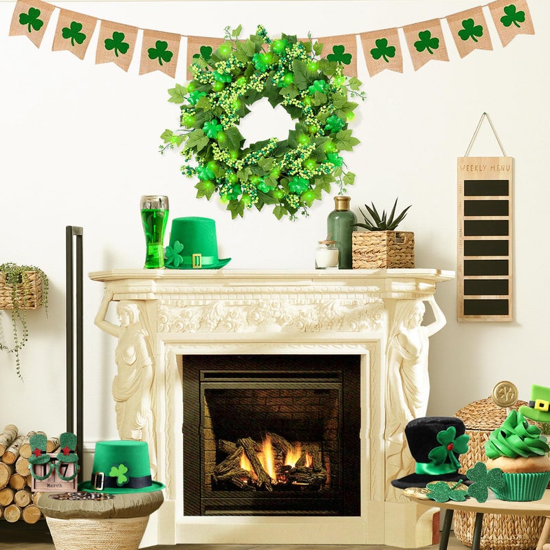 Sggvecsy 18â€™ St. Patrick's Day Shamrocks Wreath for Front Door with Lights Artificial Lucky Clover Wreath with Greenery Ivy Leaves Berries for Irish St. Patrick's Day Decoration Wall Home Decor - Image 4