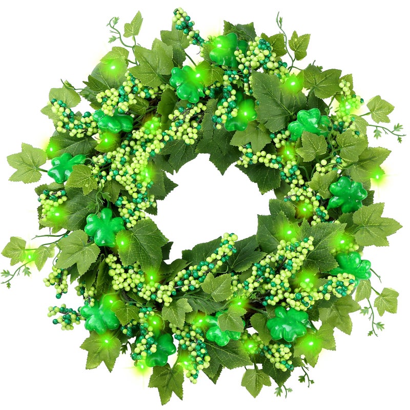 Sggvecsy 18â€™ St. Patrick's Day Shamrocks Wreath for Front Door with Lights Artificial Lucky Clover Wreath with Greenery Ivy Leaves Berries for Irish St. Patrick's Day Decoration Wall Home Decor - Image 1