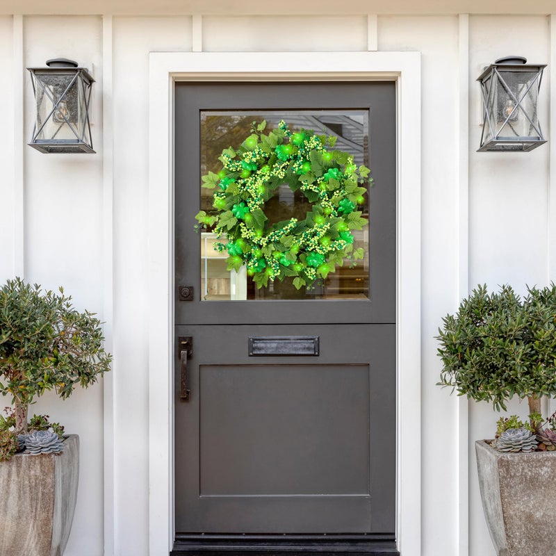 Sggvecsy 18â€™ St. Patrick's Day Shamrocks Wreath for Front Door with Lights Artificial Lucky Clover Wreath with Greenery Ivy Leaves Berries for Irish St. Patrick's Day Decoration Wall Home Decor - Image 2