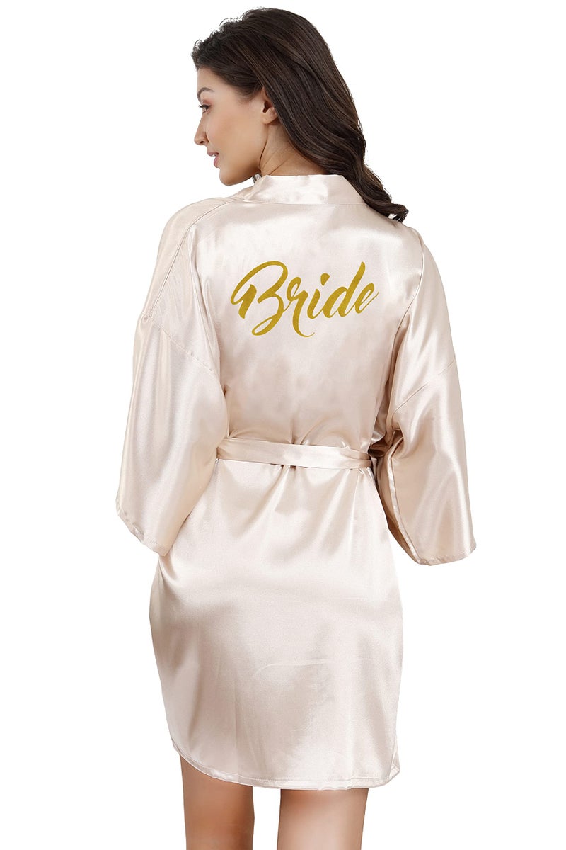 EPLAZA Bride Bridesmaid Robes for Wedding Bridal Party Women Short Solid Color Silky Satin Robe Kimono with Gold Glitters (Champagne, Bride) - Image 1