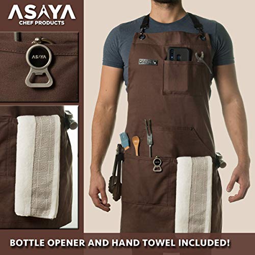 Asaya Chef, BBQ and Work Apron with Bottle Opener and Hand Towel - Durable 10oz Cotton Canvas, Brass Hardware and Cross Back Straps - For Men, Women, Grilling, and Cooking (Brown) - Image 2