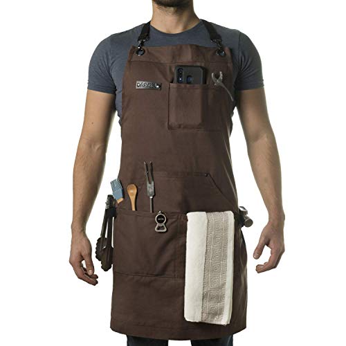 Asaya Chef, BBQ and Work Apron with Bottle Opener and Hand Towel - Durable 10oz Cotton Canvas, Brass Hardware and Cross Back Straps - For Men, Women, Grilling, and Cooking (Brown) - Image 1