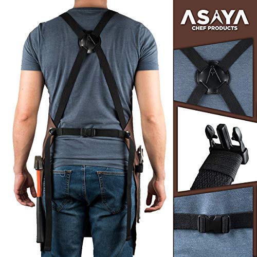 Asaya Chef, BBQ and Work Apron with Bottle Opener and Hand Towel - Durable 10oz Cotton Canvas, Brass Hardware and Cross Back Straps - For Men, Women, Grilling, and Cooking (Brown) - Image 3