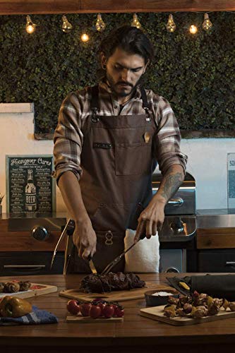 Asaya Chef, BBQ and Work Apron with Bottle Opener and Hand Towel - Durable 10oz Cotton Canvas, Brass Hardware and Cross Back Straps - For Men, Women, Grilling, and Cooking (Brown) - Image 5