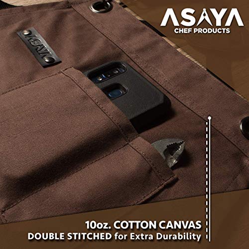Asaya Chef, BBQ and Work Apron with Bottle Opener and Hand Towel - Durable 10oz Cotton Canvas, Brass Hardware and Cross Back Straps - For Men, Women, Grilling, and Cooking (Brown) - Image 4