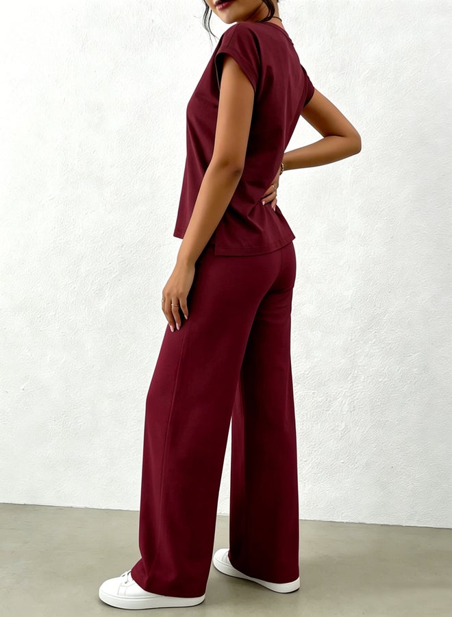 Take Two Red Solid Round Neck Top and Wide Leg Pants Co-Ords - Image 3