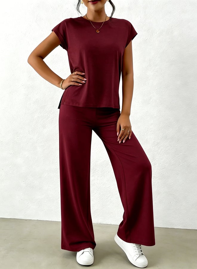 Take Two Red Solid Round Neck Top and Wide Leg Pants Co-Ords - Image 2