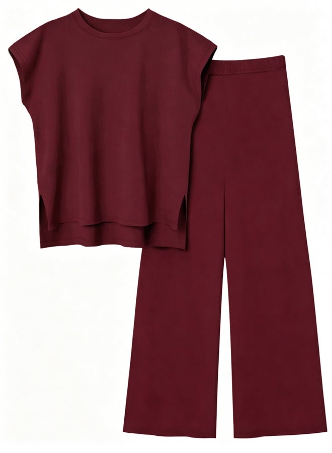 Take Two Red Solid Round Neck Top and Wide Leg Pants Co-Ords - Image 4