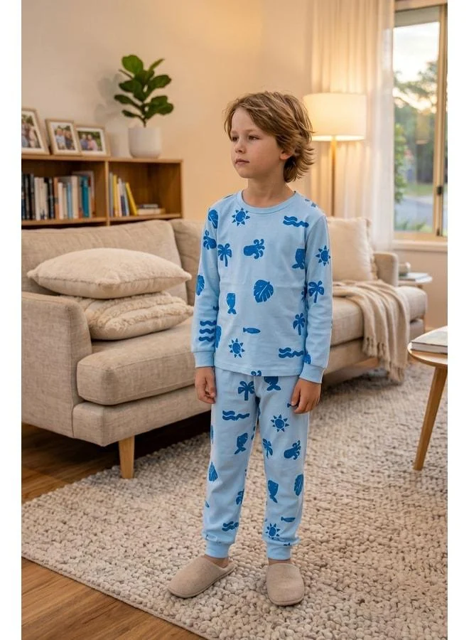 Zuzunga Sea-Themed Blue %100 Cotton Boy's Pajama Set.
