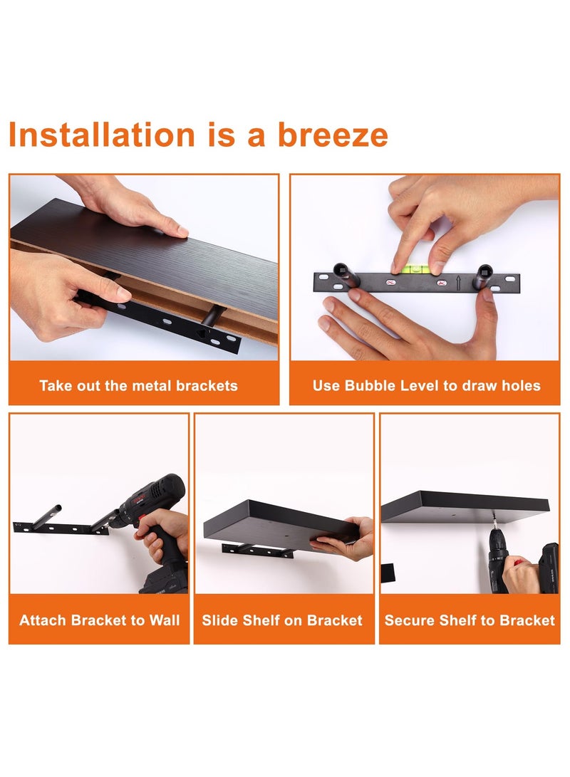 ELFSA 40CM Floating Shelves, Rustic Wood Finish Wall Shelves Set of 4, Shelves for Wall Decor, with Invisible Brackets for Bathroom, Living Room,Bedroom and Kitchen(Black) - Image 5