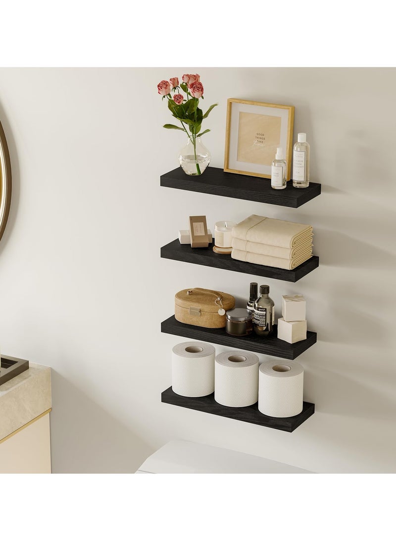 ELFSA 40CM Floating Shelves, Rustic Wood Finish Wall Shelves Set of 4, Shelves for Wall Decor, with Invisible Brackets for Bathroom, Living Room,Bedroom and Kitchen(Black) - Image 2