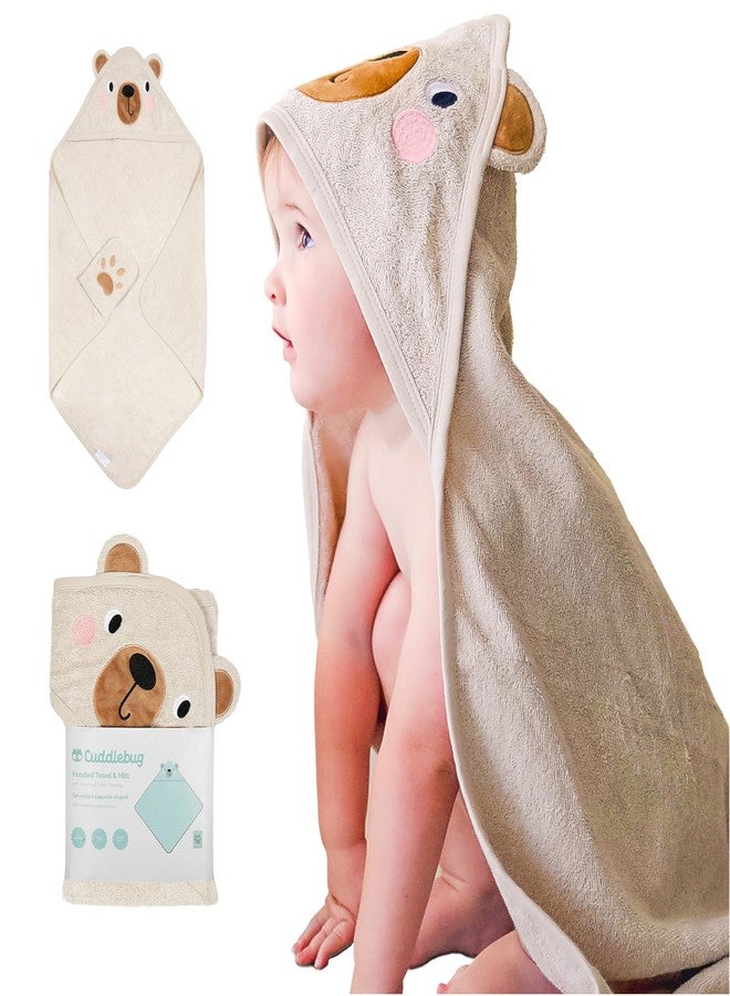 Cuddle Bug CuddleBug Hooded Baby Bath Towel & Washcloth Set (Bear) - 100% Cotton Terrycloth Hooded Baby Towels for Newborn & Toddler, Super-Soft & Ultra-Absorbent, Newborn Essentials (30" x 30") - Honey Beige - Image 1
