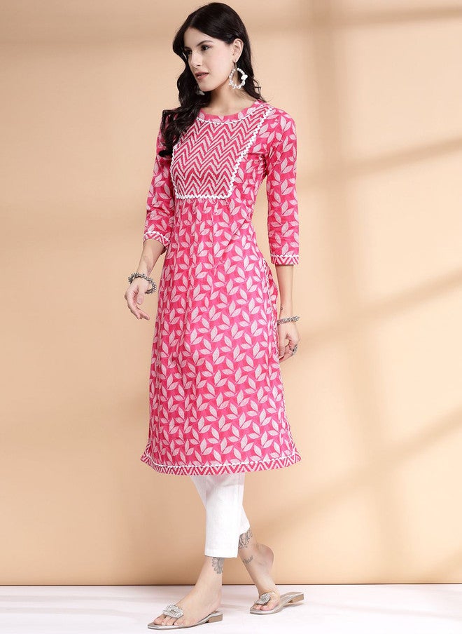 LARGISH Paisley Printed Round Neck Gotta Patti Cotton A Line Kurta in Pink & White - Image 3