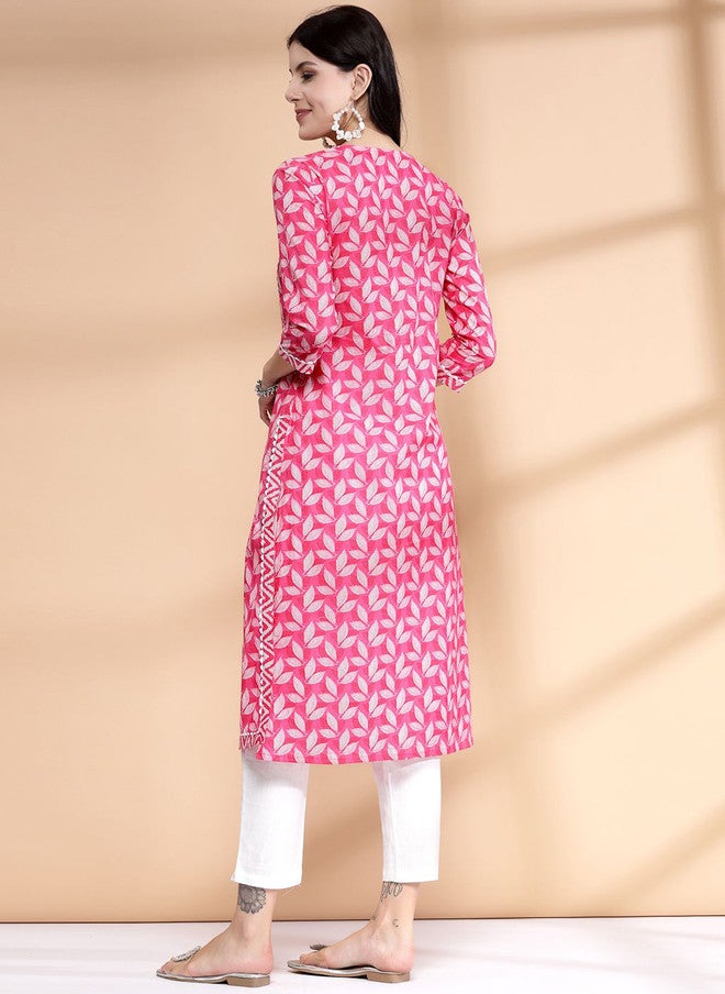 LARGISH Paisley Printed Round Neck Gotta Patti Cotton A Line Kurta in Pink & White - Image 4