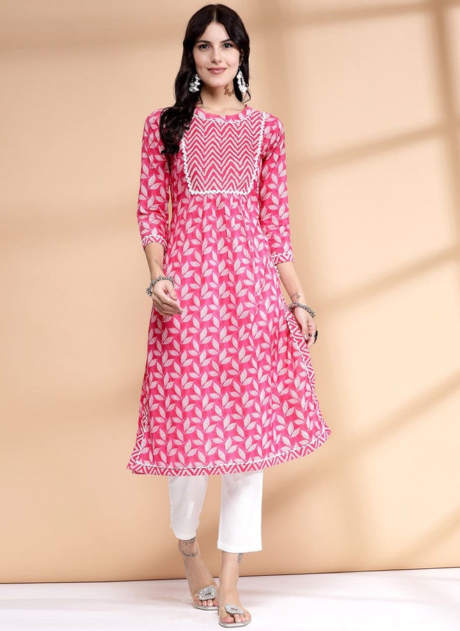 LARGISH Paisley Printed Round Neck Gotta Patti Cotton A Line Kurta in Pink & White - Image 1