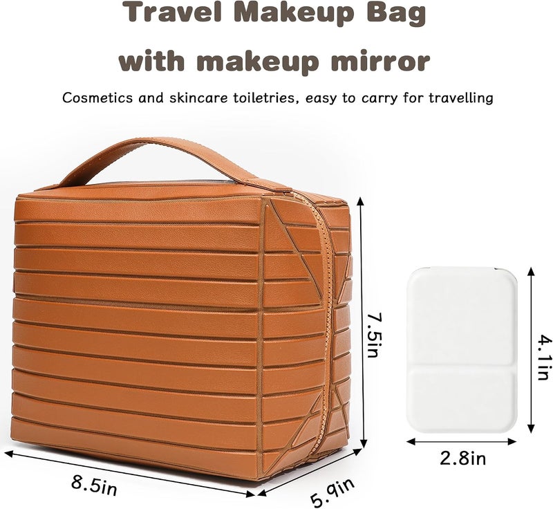 Magic Park Leather Makeup Bag Large Cosmetic Bag for Travel Makeup Organiser Bag with Compact Mirror Portable Toiletry Bag for Women (Light Brown) - Image 5