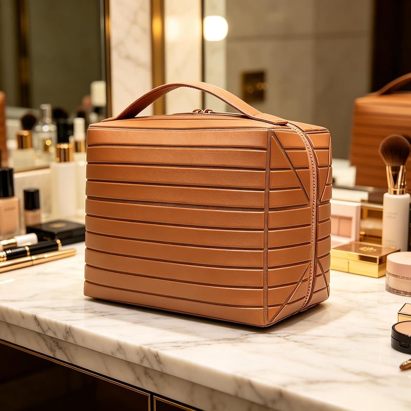Magic Park Leather Makeup Bag Large Cosmetic Bag for Travel Makeup Organiser Bag with Compact Mirror Portable Toiletry Bag for Women (Light Brown) - Image 3