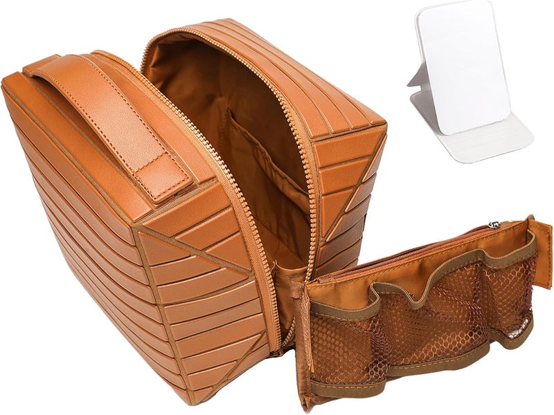 Magic Park Leather Makeup Bag Large Cosmetic Bag for Travel Makeup Organiser Bag with Compact Mirror Portable Toiletry Bag for Women (Light Brown) - Image 1