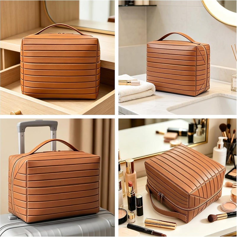 Magic Park Leather Makeup Bag Large Cosmetic Bag for Travel Makeup Organiser Bag with Compact Mirror Portable Toiletry Bag for Women (Light Brown) - Image 4