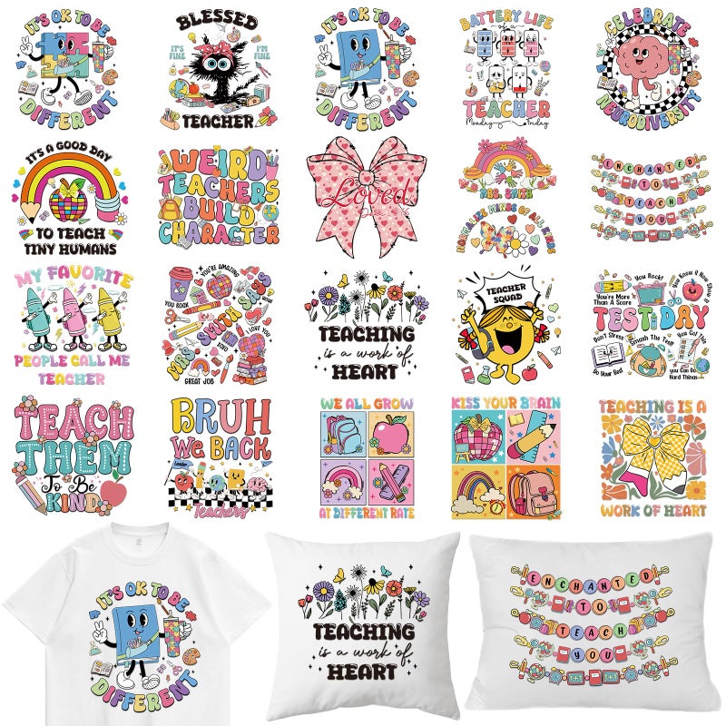 Dazoratix Teacher Appreciation Heat Transfers - 20 Pcs Retro UV DTF Ready to Press Iron on Heat Patches Decals Wraps Stickers for Vinyl T Shirts DIY Crafts Clothes Bag Hat Pillow Appliques Decorations - Image 1
