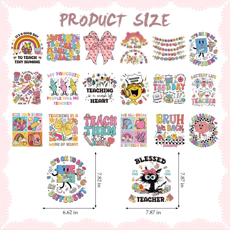 Dazoratix Teacher Appreciation Heat Transfers - 20 Pcs Retro UV DTF Ready to Press Iron on Heat Patches Decals Wraps Stickers for Vinyl T Shirts DIY Crafts Clothes Bag Hat Pillow Appliques Decorations - Image 3