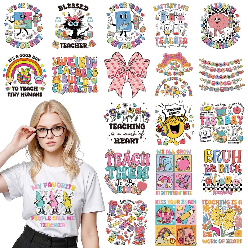 Dazoratix Teacher Appreciation Heat Transfers - 20 Pcs Retro UV DTF Ready to Press Iron on Heat Patches Decals Wraps Stickers for Vinyl T Shirts DIY Crafts Clothes Bag Hat Pillow Appliques Decorations - Image 2