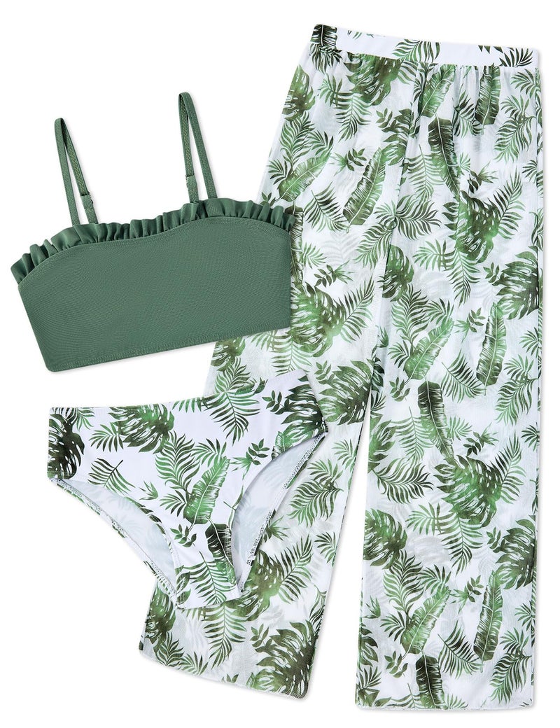 Vogseek Green Leaves Swimwear for Girls 11-12 Years Old Rash Guard Pants 11 12 Big Girl 3 Pieces Swimsuit Girl's Tankini Teen Bathing Suits Coverup Rashguard Cover Ups Quick Dry High Waisted Bikini - Image 1