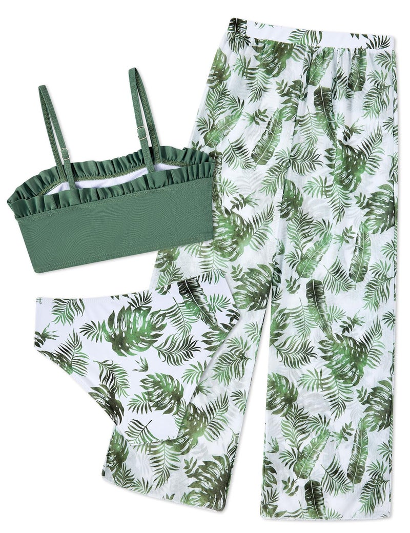 Vogseek Green Leaves Swimwear for Girls 11-12 Years Old Rash Guard Pants 11 12 Big Girl 3 Pieces Swimsuit Girl's Tankini Teen Bathing Suits Coverup Rashguard Cover Ups Quick Dry High Waisted Bikini - Image 2