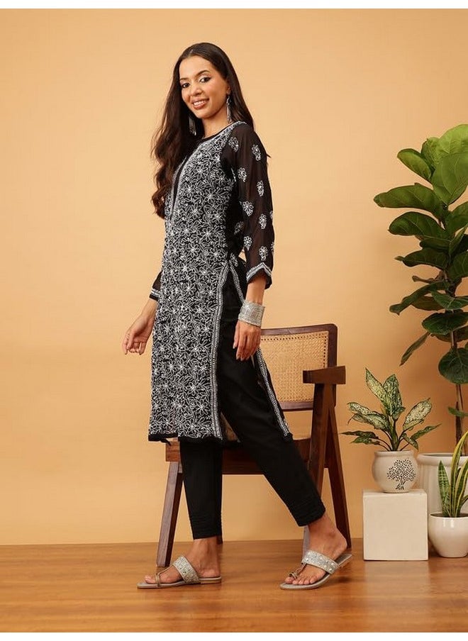 ADA - Ada Lucknowi Hand Embroidered Chikankari Straight Georgette Kurti Kurta for Women A151043 Black (L) - Image 1